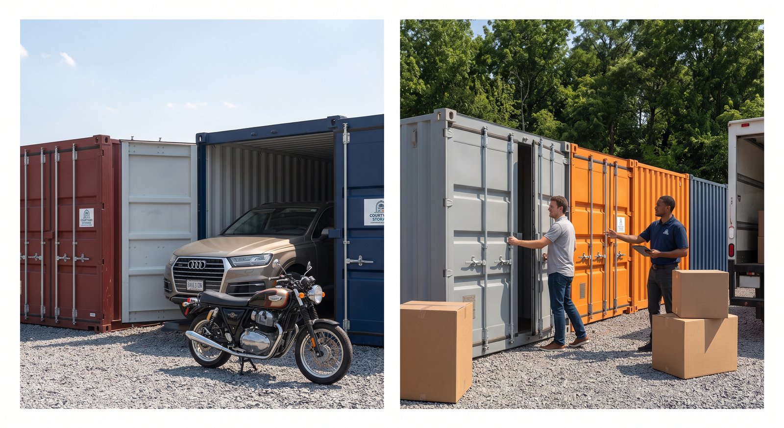 Two Courtyard Storage staff opening a container door beside moving boxes